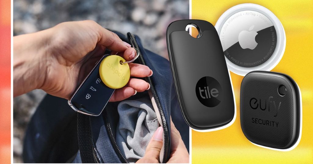 Small circular Bluetooth tracking device attached to car keys with security shield icon overlay