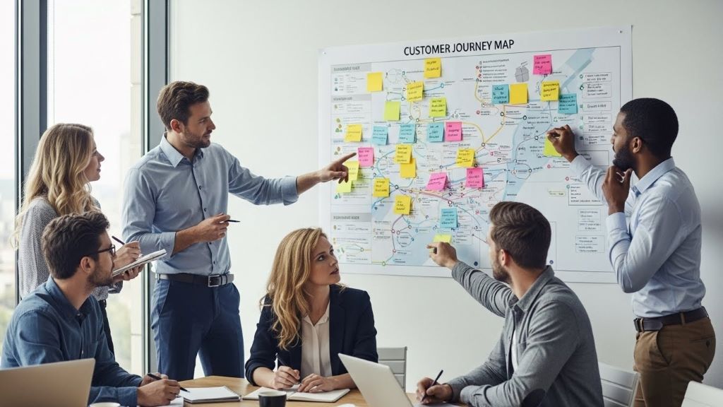 Marketing team collaborating on large customer journey map poster with sticky notes indicating different touchpoints and pain points