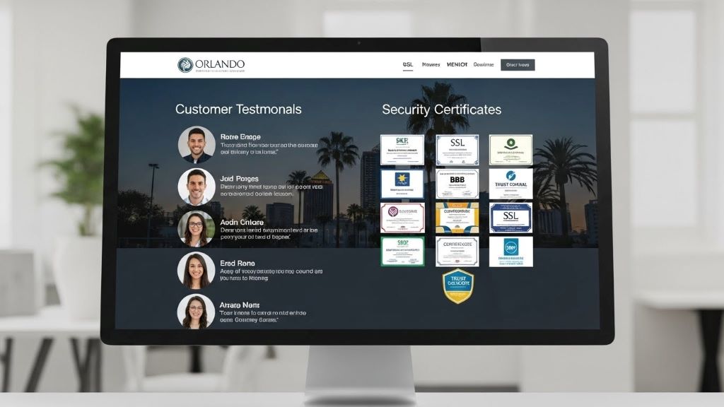 Orlando business website displaying customer testimonials and security certificates to build visitor trust