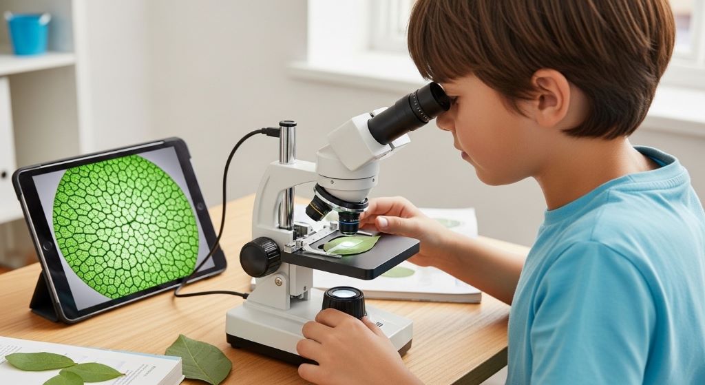 Child using digital microscope connected to tablet screen observing magnified leaf specimen for science learning