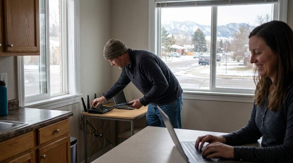 Denver family securing home WiFi router against bandwidth theft
