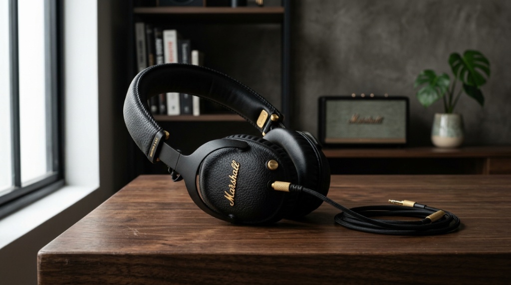 Black Marshall over-ear headphones resting on a wooden desk with soft lighting.
