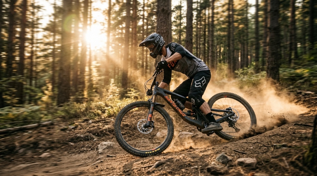 Cyclist riding a full suspension mountain bike down a sunny dirt trail.