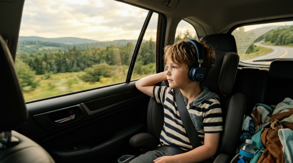 Happy child wearing colorful volume-limited headphones while using a digital tablet.