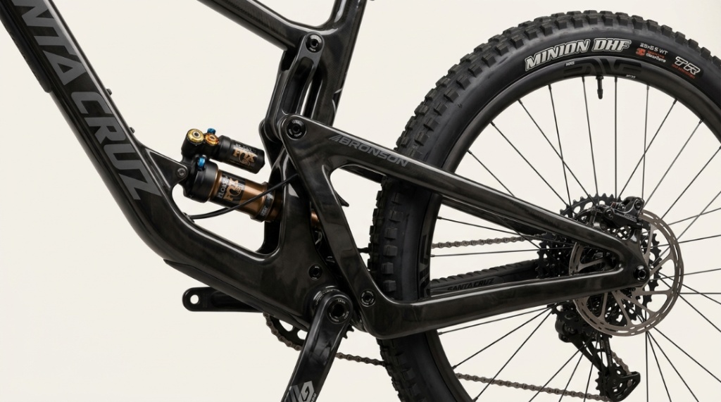 Close up shot of a carbon mountain bike frame and rear shock linkage.
