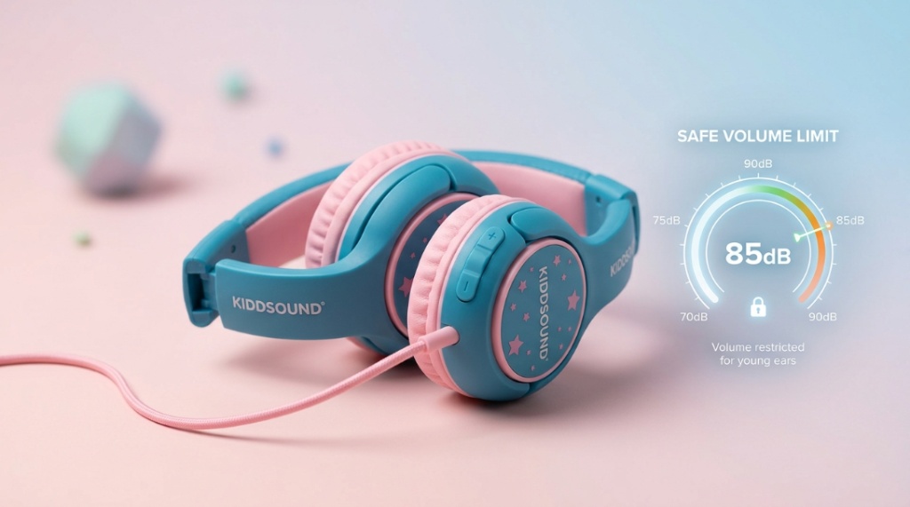 Studio shot of children's headphones highlighting the safe eighty-five decibel volume limit.