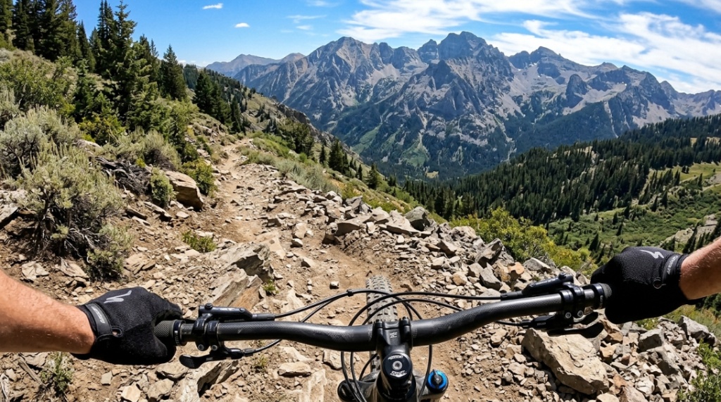 First person view of hands on mountain bike handlebars looking down a rocky trail.