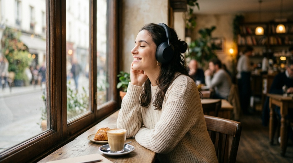 Man wearing wireless over-ear headphones listening to music at cafe.