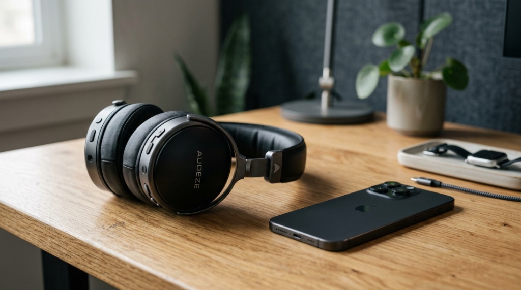 Premium wireless over-ear headphones resting on a sleek wooden desk.
